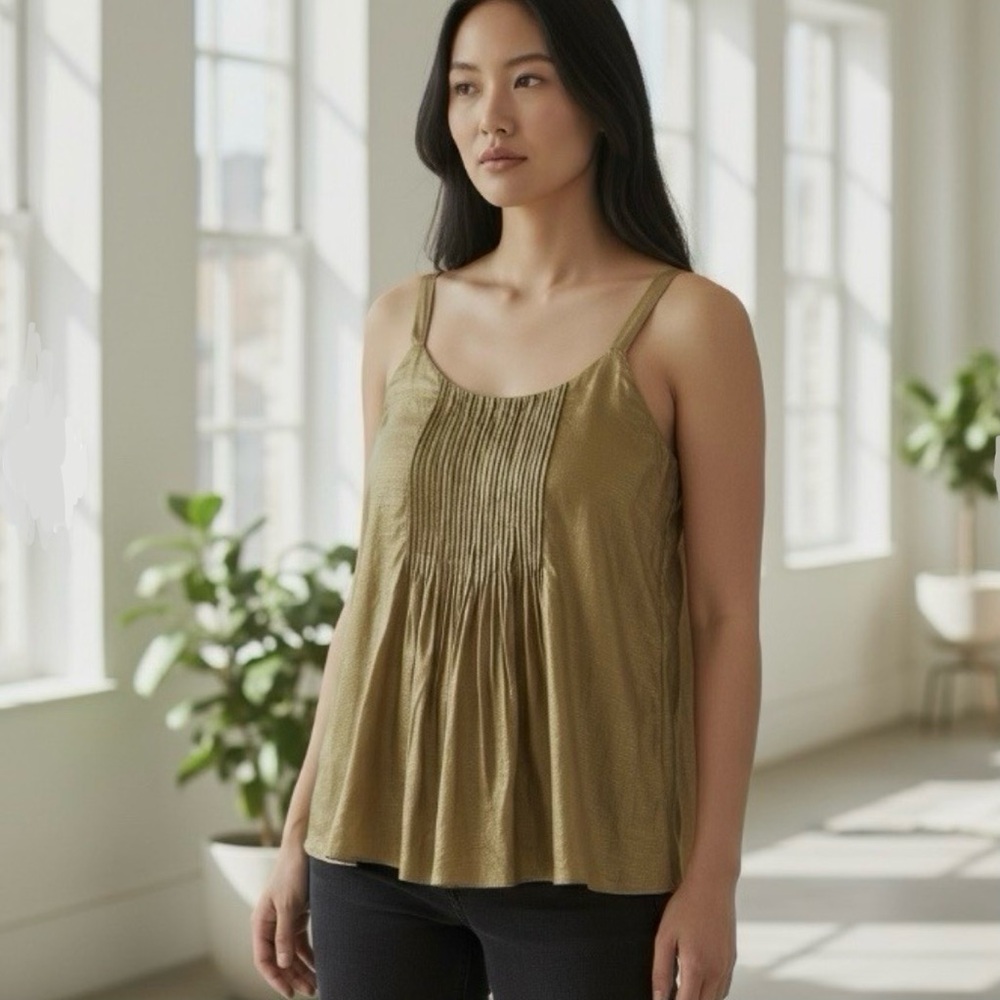 EILEEN FISHER Rumpled Silk Tussah Gold Tank Top Camisole Pintuck Sequin. Size XL